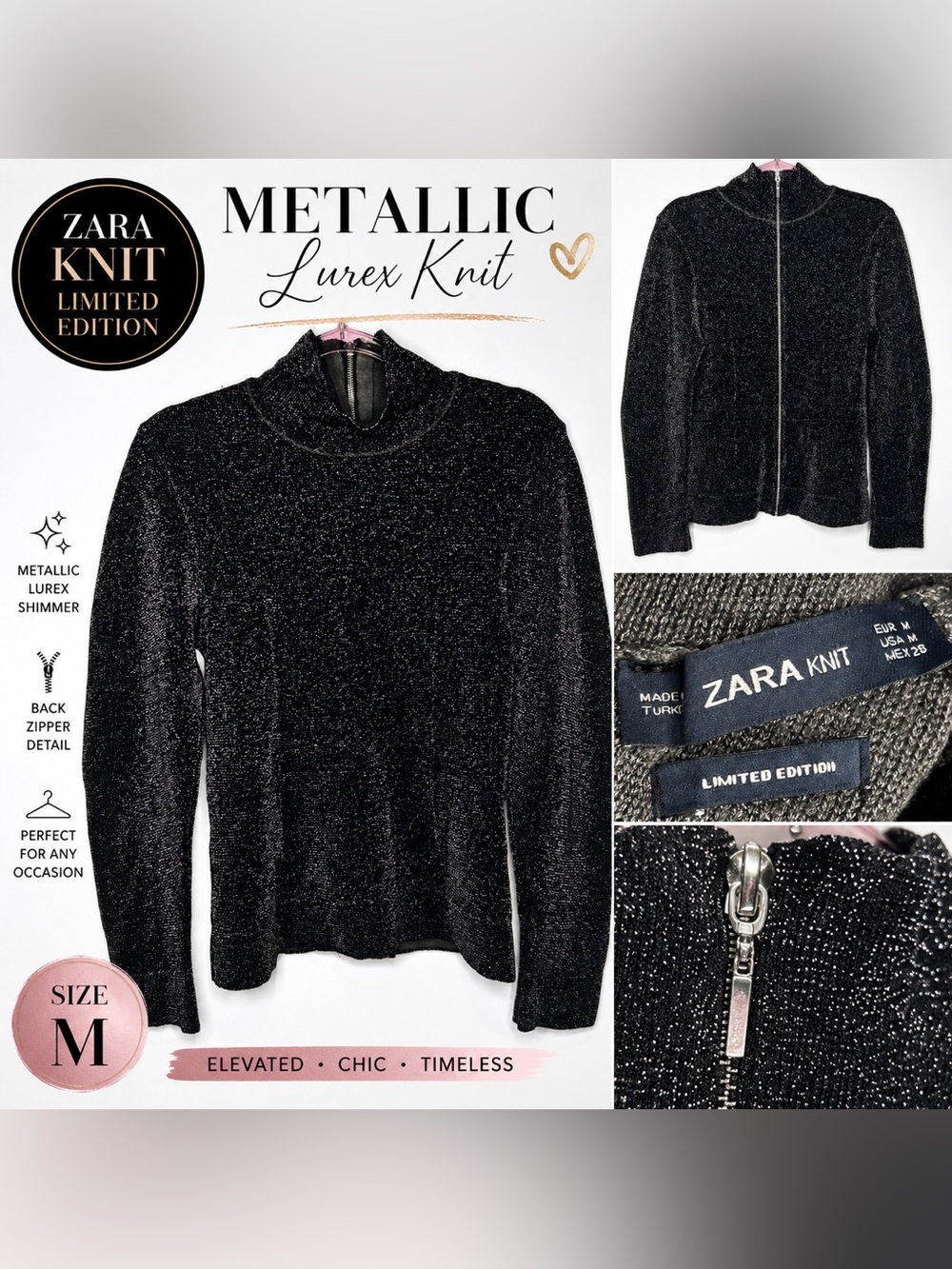 Zara Knit Limited Edition Metallic Lurex Mock Neck Back Zip Sweater Black Silver